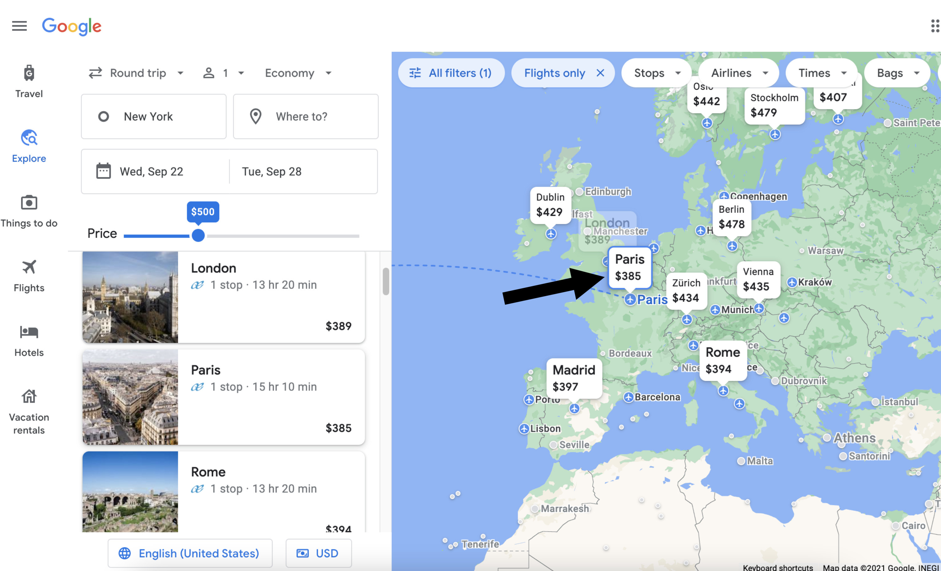 A screen shot of Google Flights.