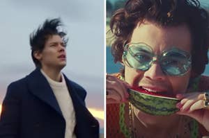 Harry Styles is on the left looking up and on the right biting into a watermelon
