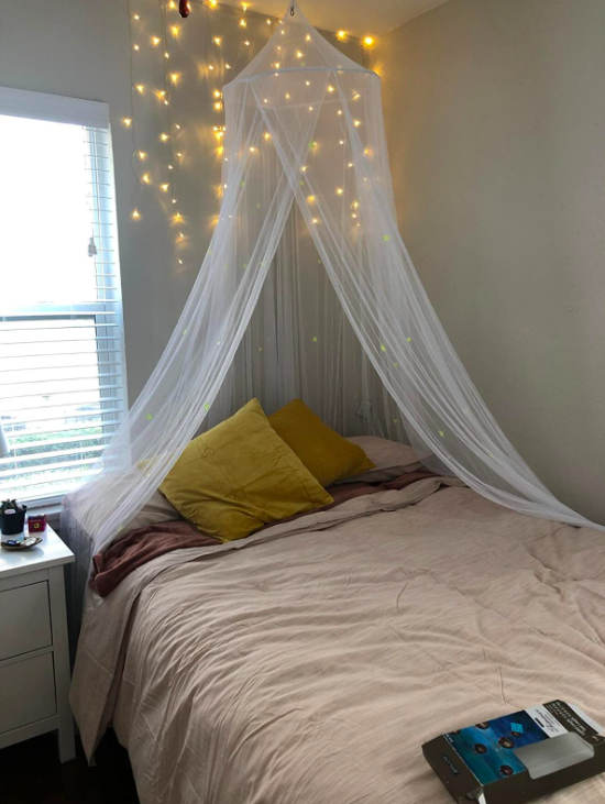 a reviewer's bed with a sheer canopy hanging over it with string lights on the wall behind it