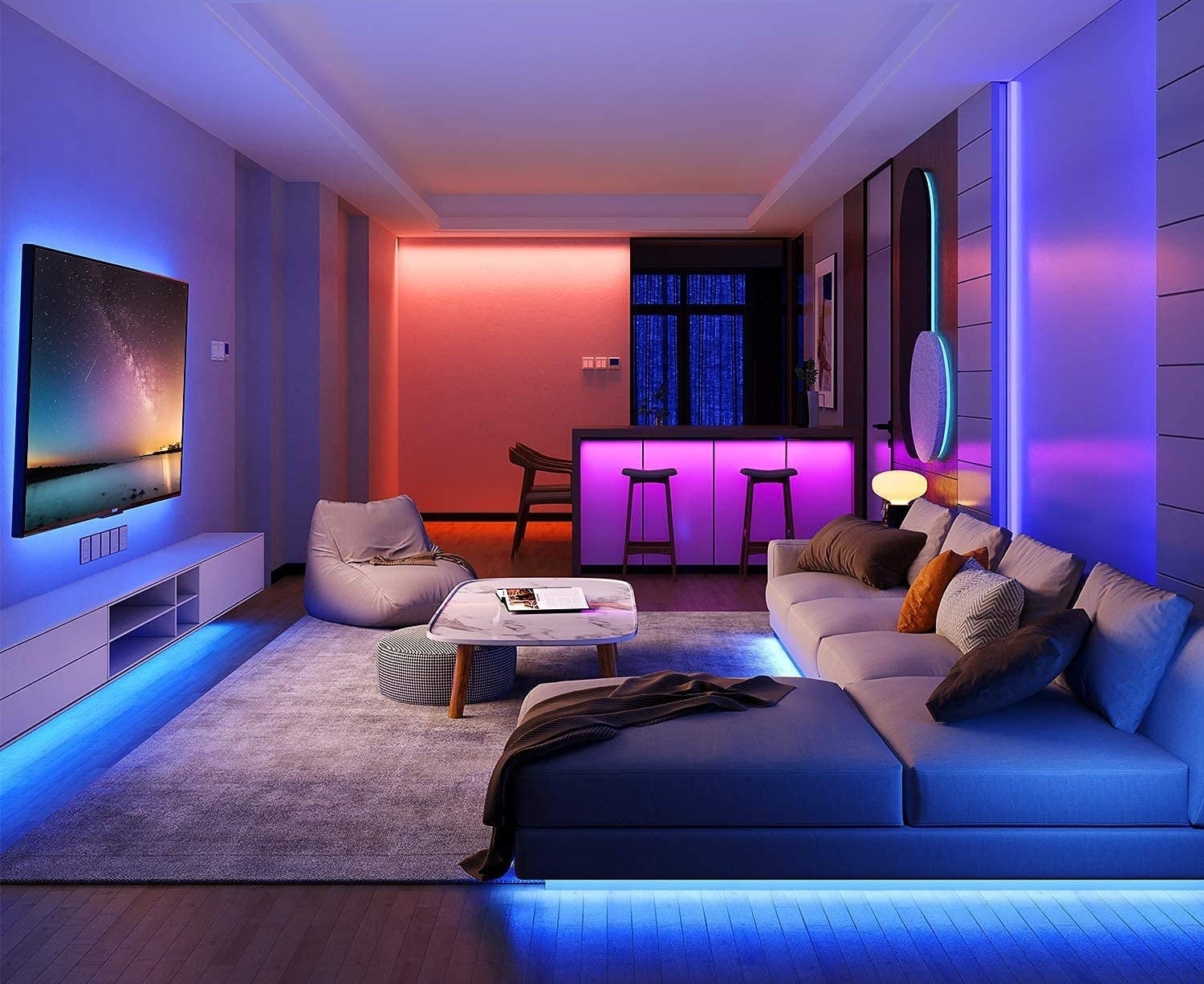 LED lights on the walls and floors of a living room