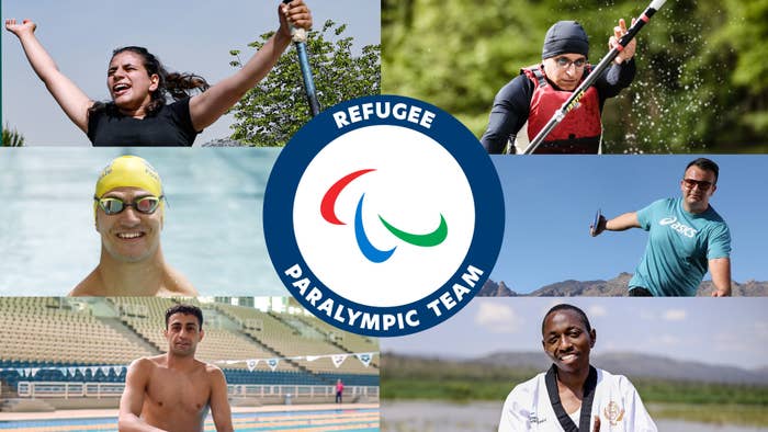 Photos of the athletes — Ibrahim Al Hussein, Alia Issa, Parfait Hakizimana, Abbas Karimi, Shahrad Nasajpour and Anas Al Khalifa — with the Refugee Paralympic Team logo in center.