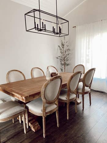 Elegant dining room with a wooden table and upholstered chairs, minimalist chandelier above, and a plant in the corner