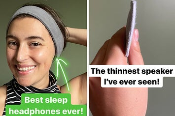 on the left the writer in a grey fleece headband captioned "best sleep headphones ever," on the right a super slim speaker held between two fingers captioned "the thinnest speaker I've ever seen"