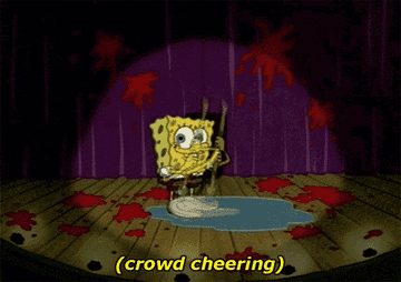 Gif of SpongeBob wiping a stage with text on the image that says &quot;crowd cheering&quot;