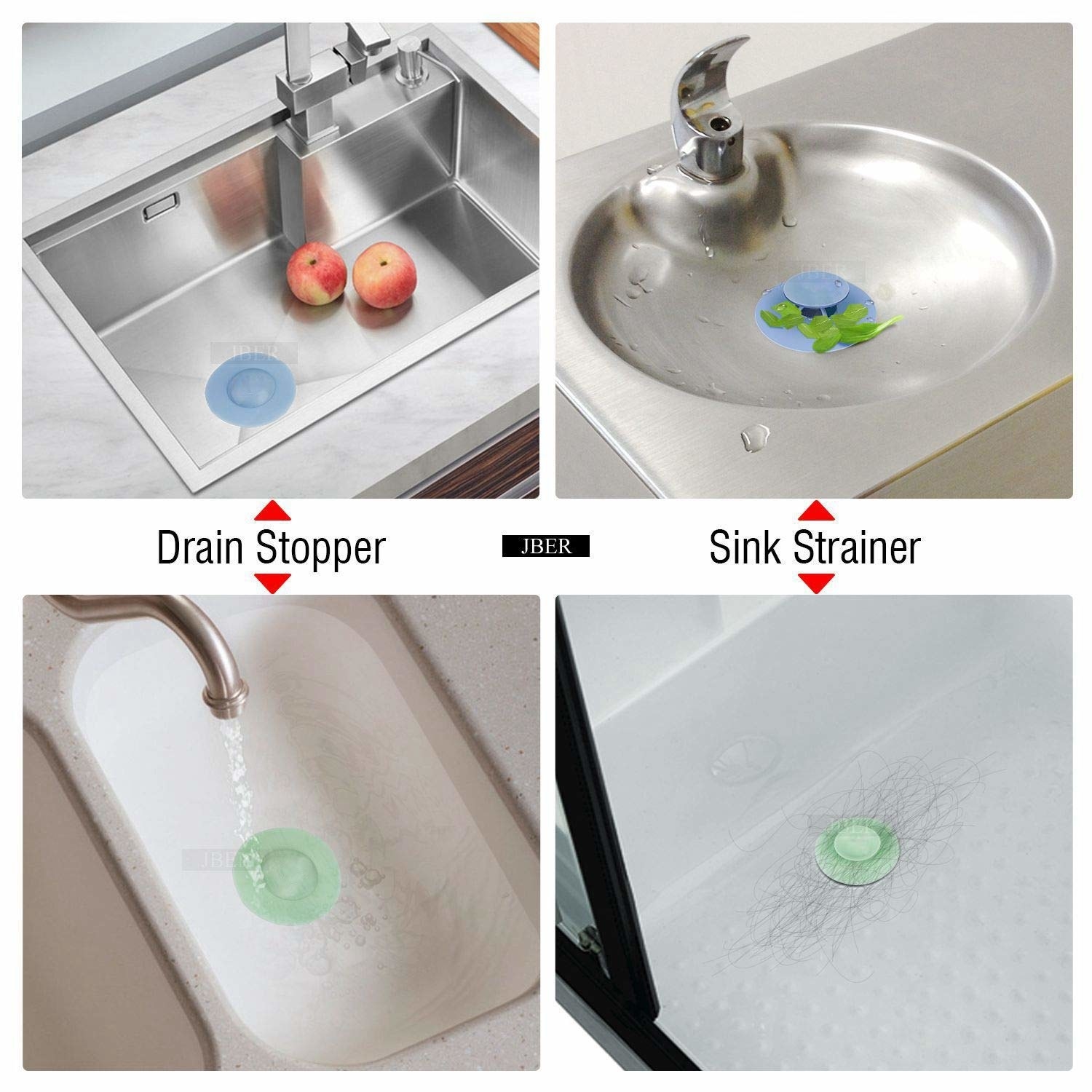 Images of silicone drain protector stopping and straining kitchen and bathroom sinks