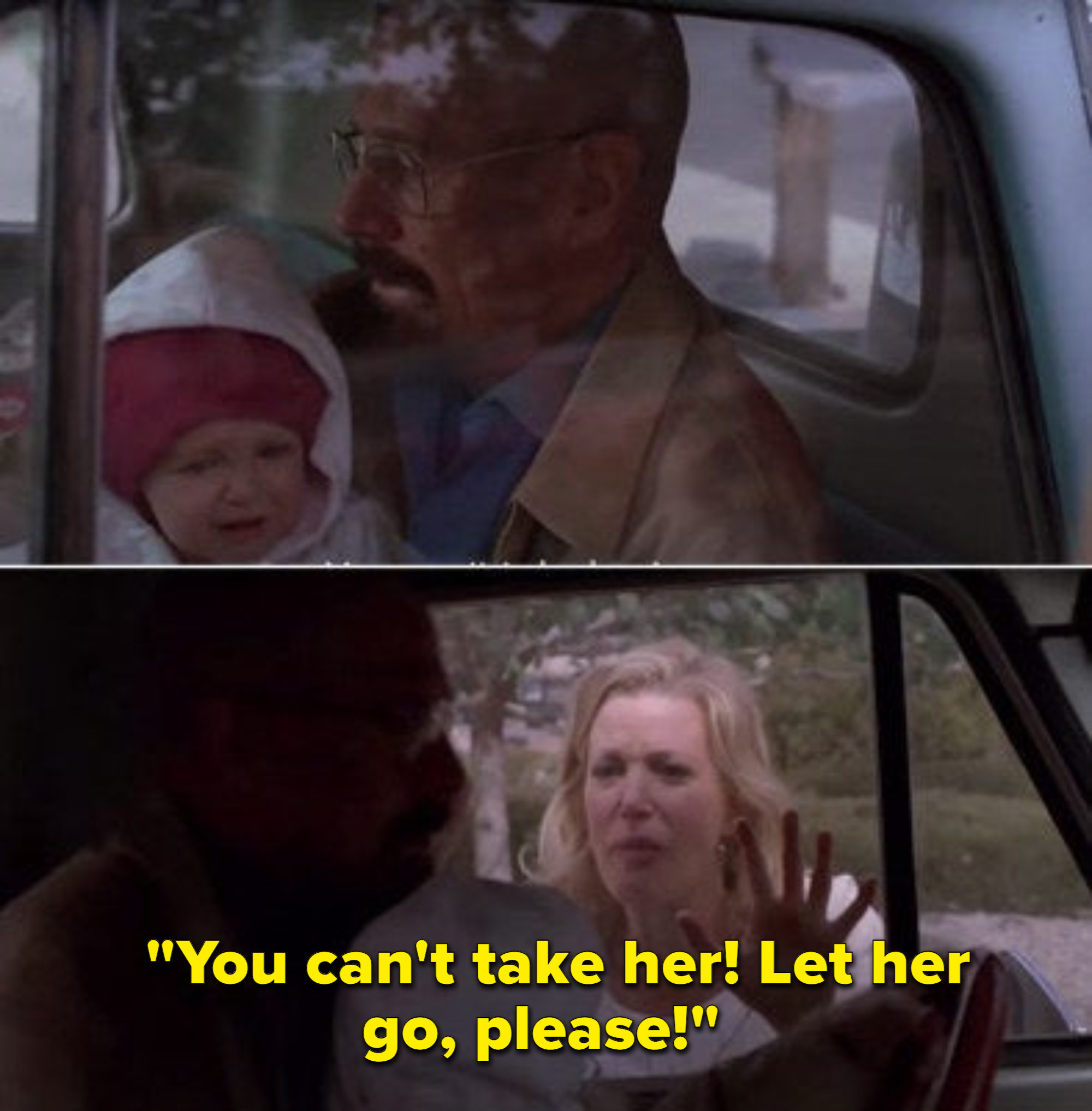 Walter about to drive off with his baby sitting on his lap while Skyler is outside banging on the window begging him not to take the baby