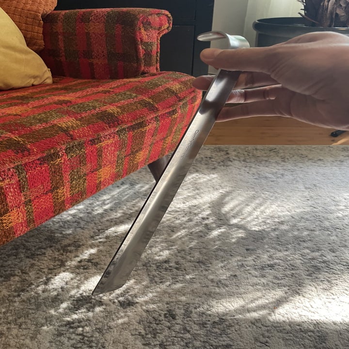 Brittany holding the shoe horn beside a chair