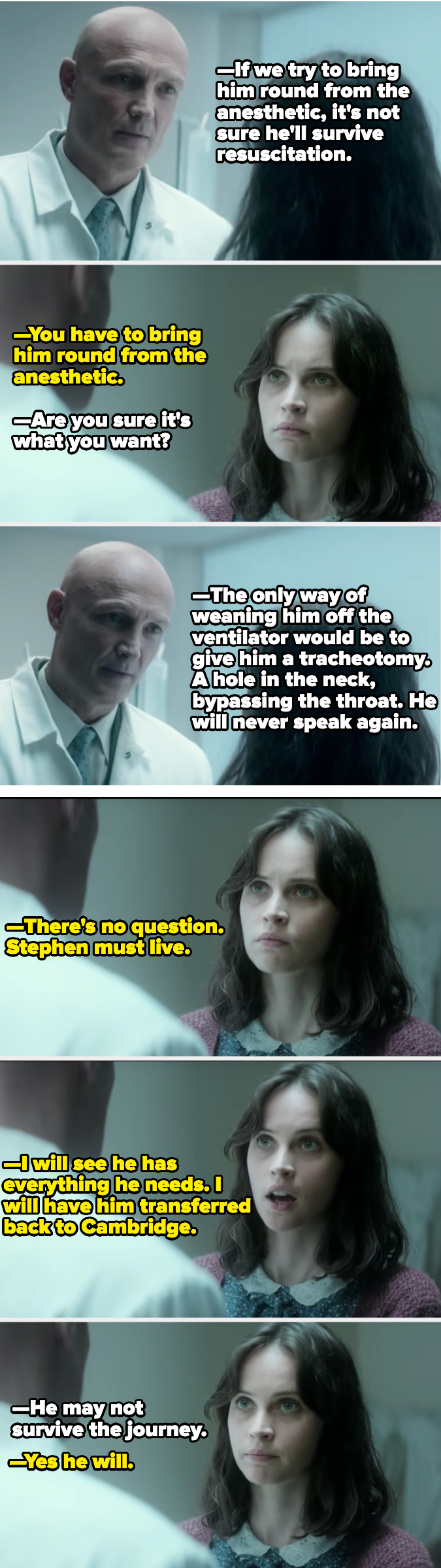 Jane tells the Swiss doctor that Stephen will survive a tracheotomy