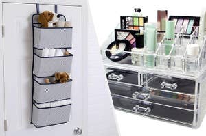 4 compartment door hanging space saver, acrylic makeup organiser with drawers filled with products