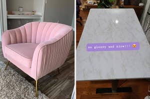 L: pink velvet arm chair R: white marble contact paper