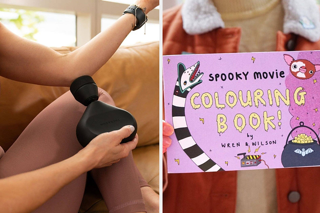 to the left: a model using a mini theragun, to the right: a spooky movie coloring book