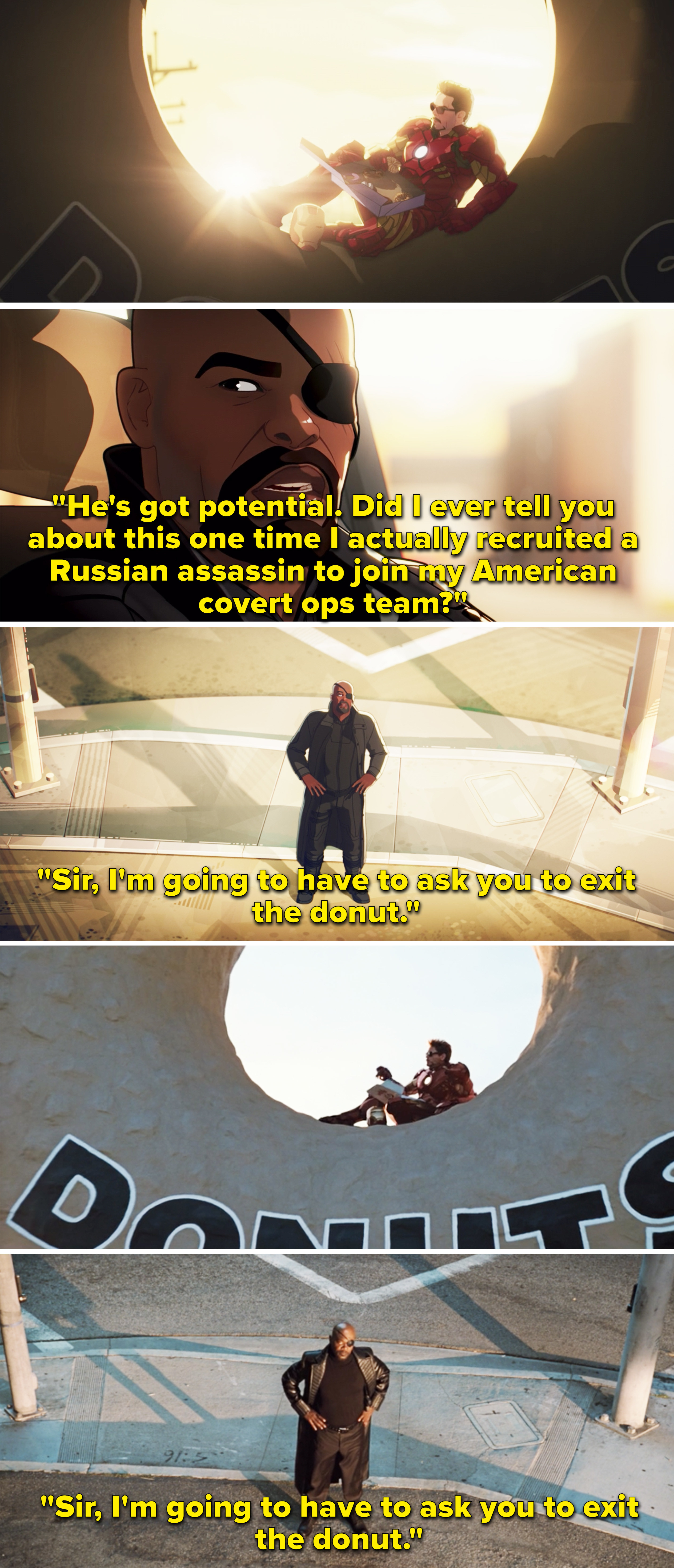 Fury talking to Tony while he sits in a giant donut and saying, &quot;Sir, I&#x27;m going to have to ask you to exit the donut&quot;