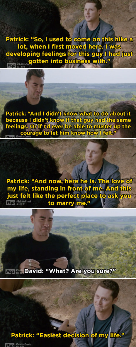 Patrick proposing to David: &quot;Now here he is, the love of my life, standing in front of me. And this just felt like the perfect place to ask you to marry me&quot;