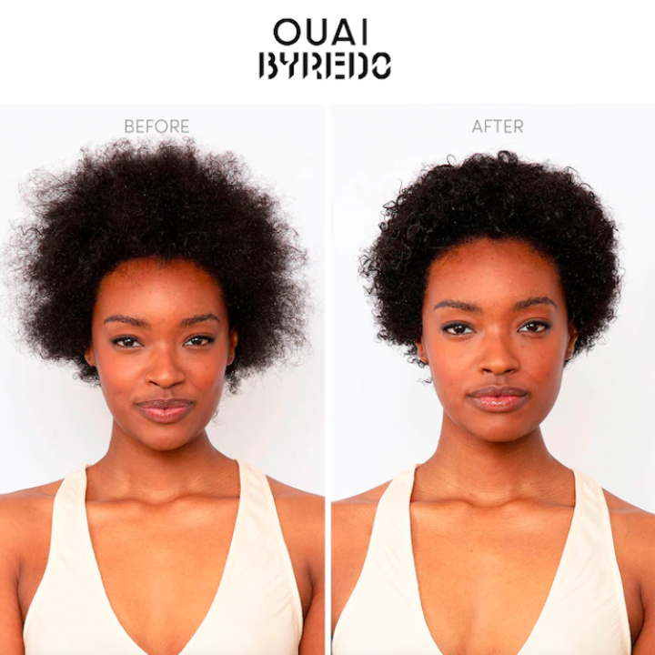 A before and after where the after shows curls that are glossy, frizz-free, and clean  