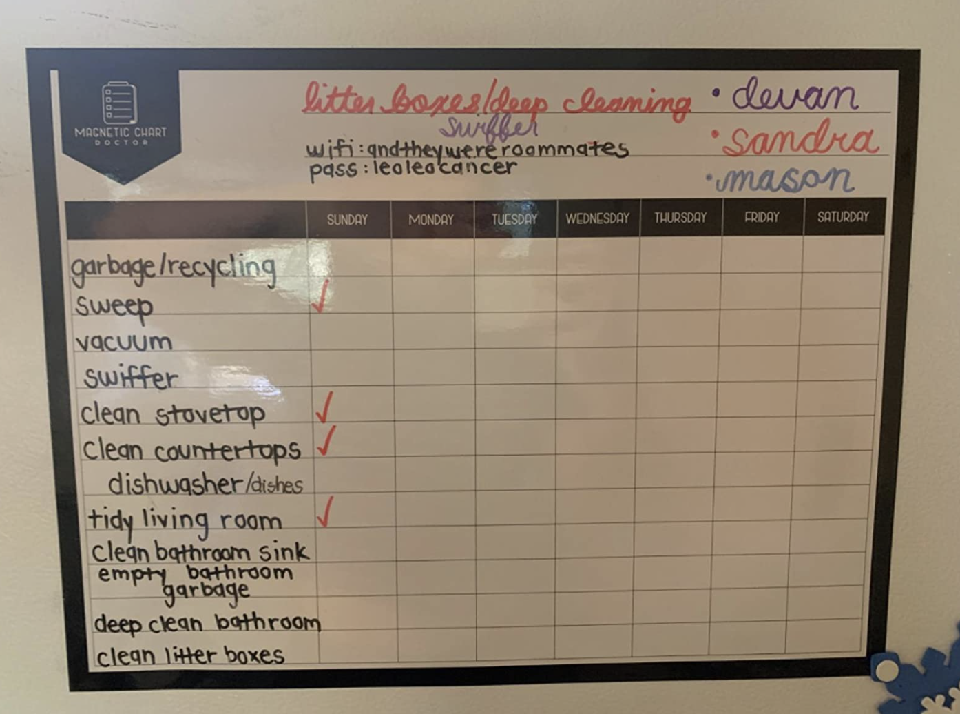 A magnetic dry erase board with a list of tasks and checkmarks beside them 