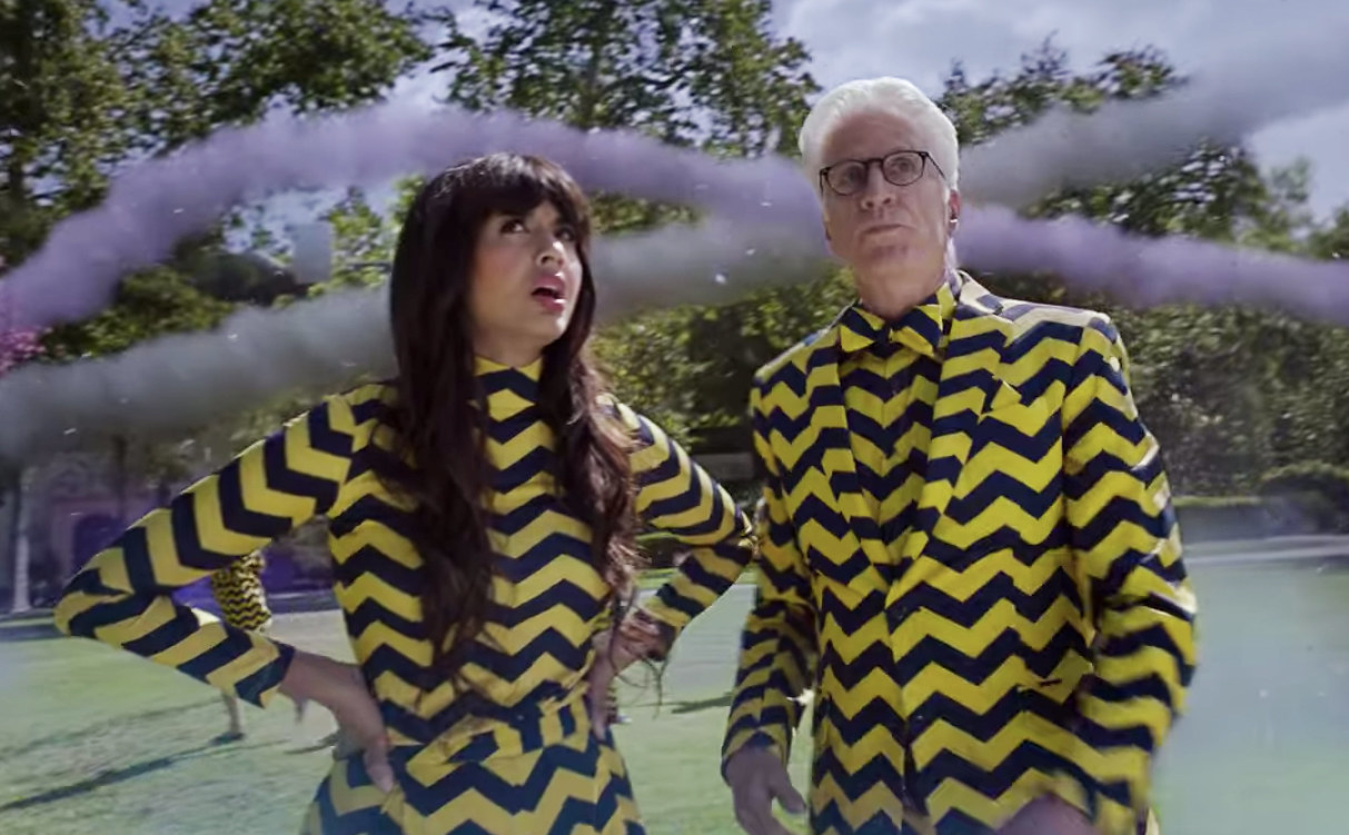 Tahani and Michael are confused why they&#x27;re suddenly wearing chevron