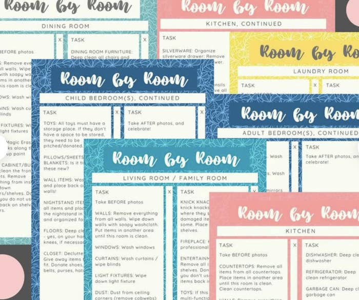 printables for rooms like bedrooms, the living room, the laundry room etc with a list of tasks to accomplish