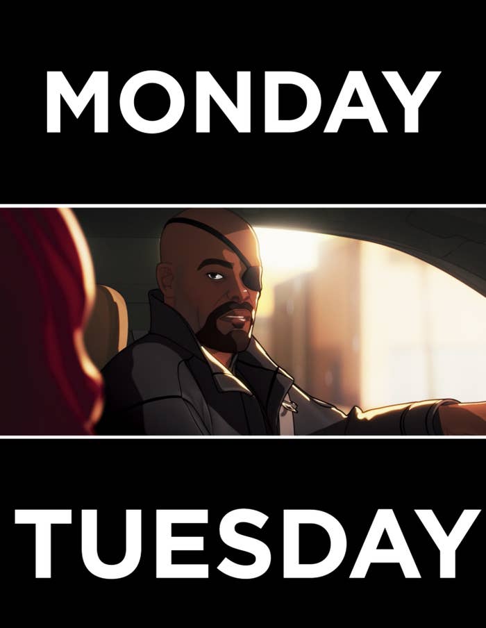 Fury talking to Natasha with &quot;Monday&quot; and &quot;Tuesday&quot; showing on the screen