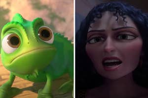 Pascal is on the left surprised with Mother Gothel on the right angry
