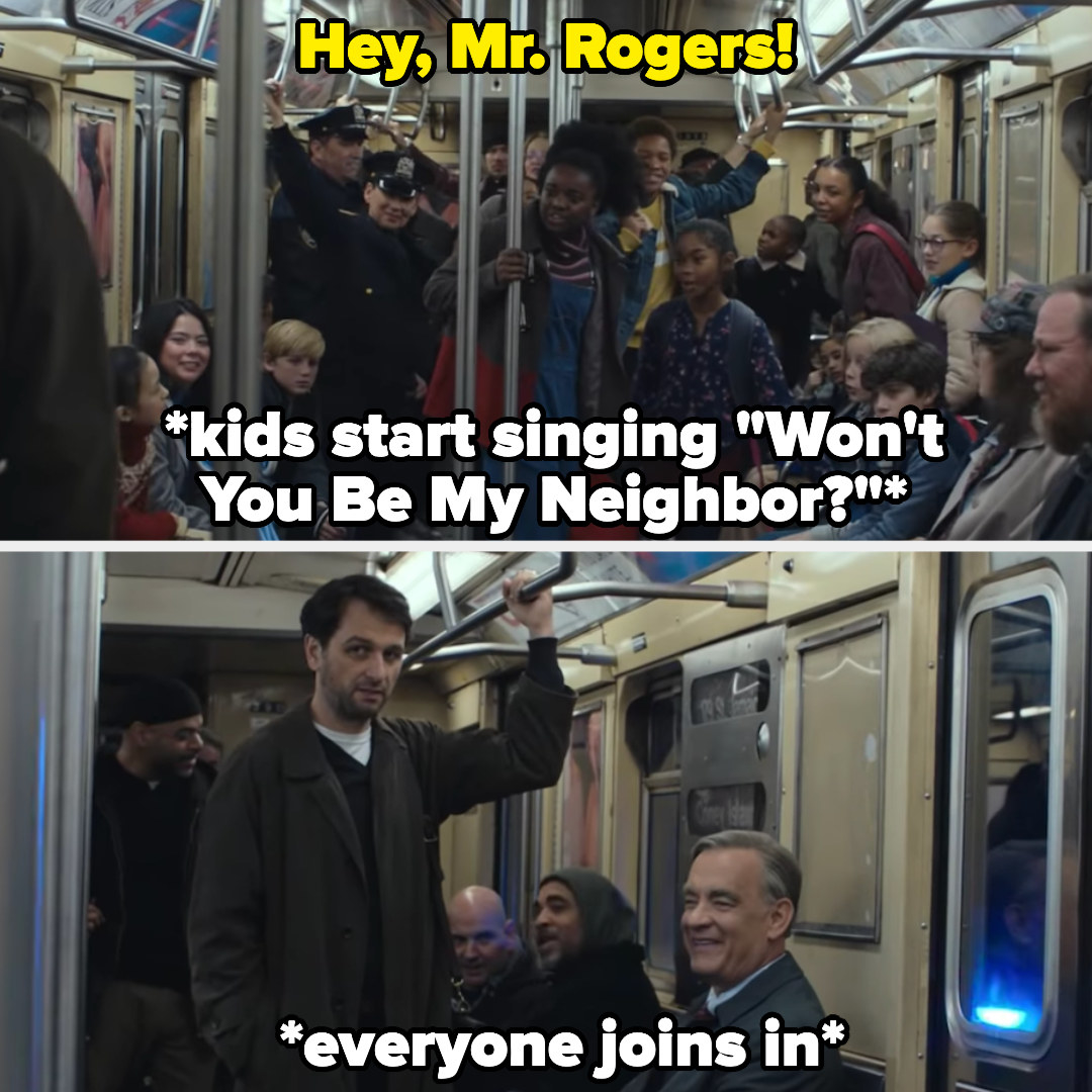 The kids on the subway start singing Won&#x27;t You Be My Neighbor?, then the adults join in