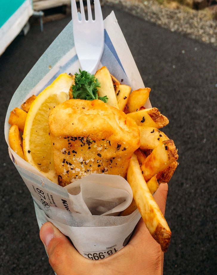 Fish and chips in paper.