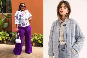 (left) Purple wide-leg pants (right) light blue quilted jacket