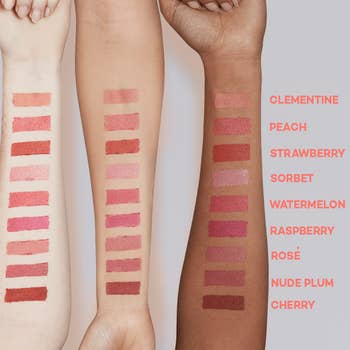 three arms in varying skin tones showing all nine swatches of the lid-to-lip balmie
