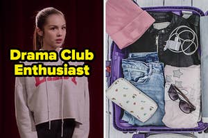 On the left, Olivia Rodrigo as Nini from High School Musical: The Musical: The Series standing on stage labeled drama club enthusiast, and on the right, an open suitcase with clothes, sunglasses, a wallet, and charger inside