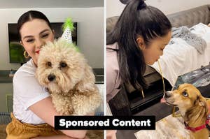 Selena Gomez with her dog and Lana Condor eating spaghetti with her dog