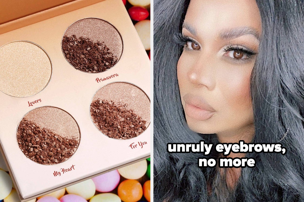 on left a highlighter palette and on right reviewer using eyebrow soap 