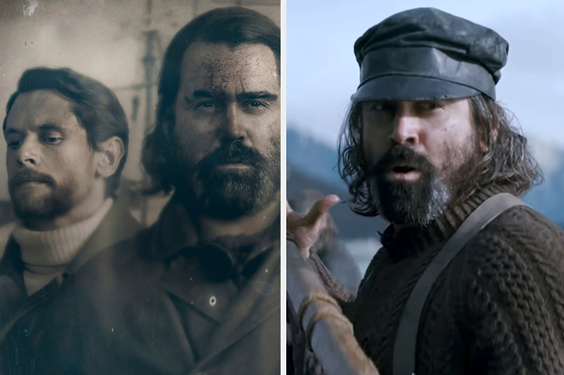 A man on a boat with a hat on looks off in the distance and in a separate sepia portrait we see actors Jack O'Connell and Colin Farrell posing