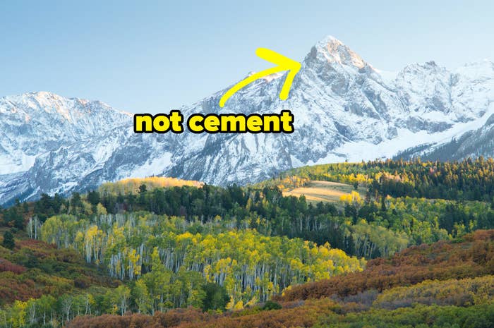 snow-covered mountains in Colorado with an arrow and the words &quot;not cement&quot;