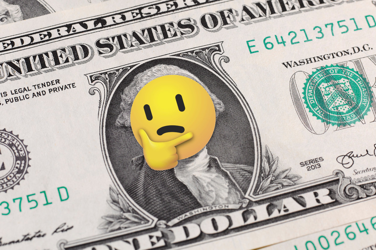 thinking emoji over george washington&#x27;s face on a dollar bill
