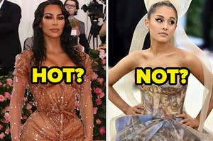 Kim Kardahian wears a skin tight dress with diamonds hanging off of it and Ariana Grande wears a strapless gown with a famous painting printed on it