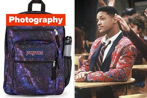 A backpack is on the left labeled, "photography" with Will Smith in a desk on the right