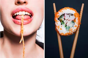 a girl slurping up spaghetti on the let and a sushi roll on the right