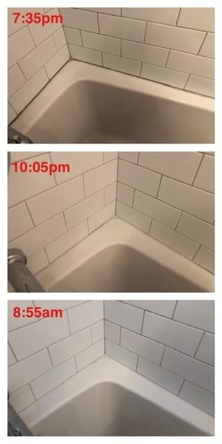 Three photos of a reviewer&#x27;s tub with timestamps showing the mold disappearing by morning after applying the gel the evening before