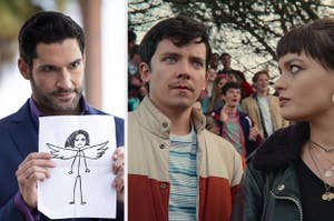 Lucifer from Lucifer holding up a drawing of an angel and Otis and Maeve from Sex Education looking concerned