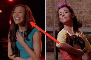 Santana Lopez sings on stage in "Glee" and Maria holds a fan to her chest while singing in "West Side Story"