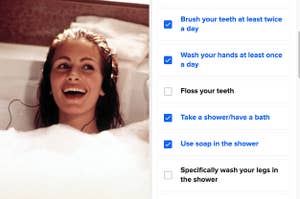 Julia Roberts in Pretty Woman sitting in the bathtub, and a list of hygiene things like "wash you hands" and "take a shower/have a bath"