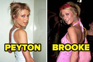 paris hilton in a white tank top on the left and a bandana dress on the right with peyton and brooke written under her