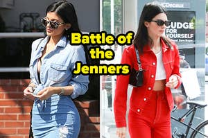 Kylie Jenner wears a cropped denim shirt with a matching skirt and Kendall Jenner wears a crop top with brightly colored pants and a matching denim jacket