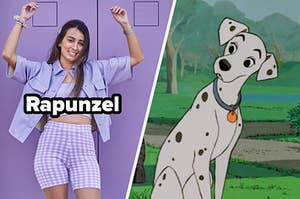 A woman has her arms in the air while wearing checkered shorts and a crop top and Perdita has her head turned to the side in "101 Dalmatians" 