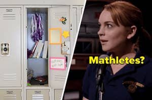 An open school locker filled with books, pom poms, and a mirror. And a close up of Cady Heron with her head turned to the side in "Mean Girls"