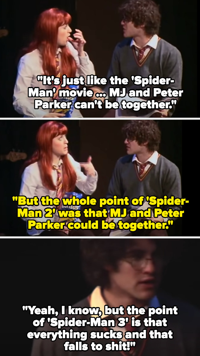 Harry says it&#x27;s like Spider-Man, where Peter Parker and MJ can&#x27;t be together, but Ginny says the point of Spider-Man 2 was that they could, and Harry says that all falls to shit in Spider-Man 3