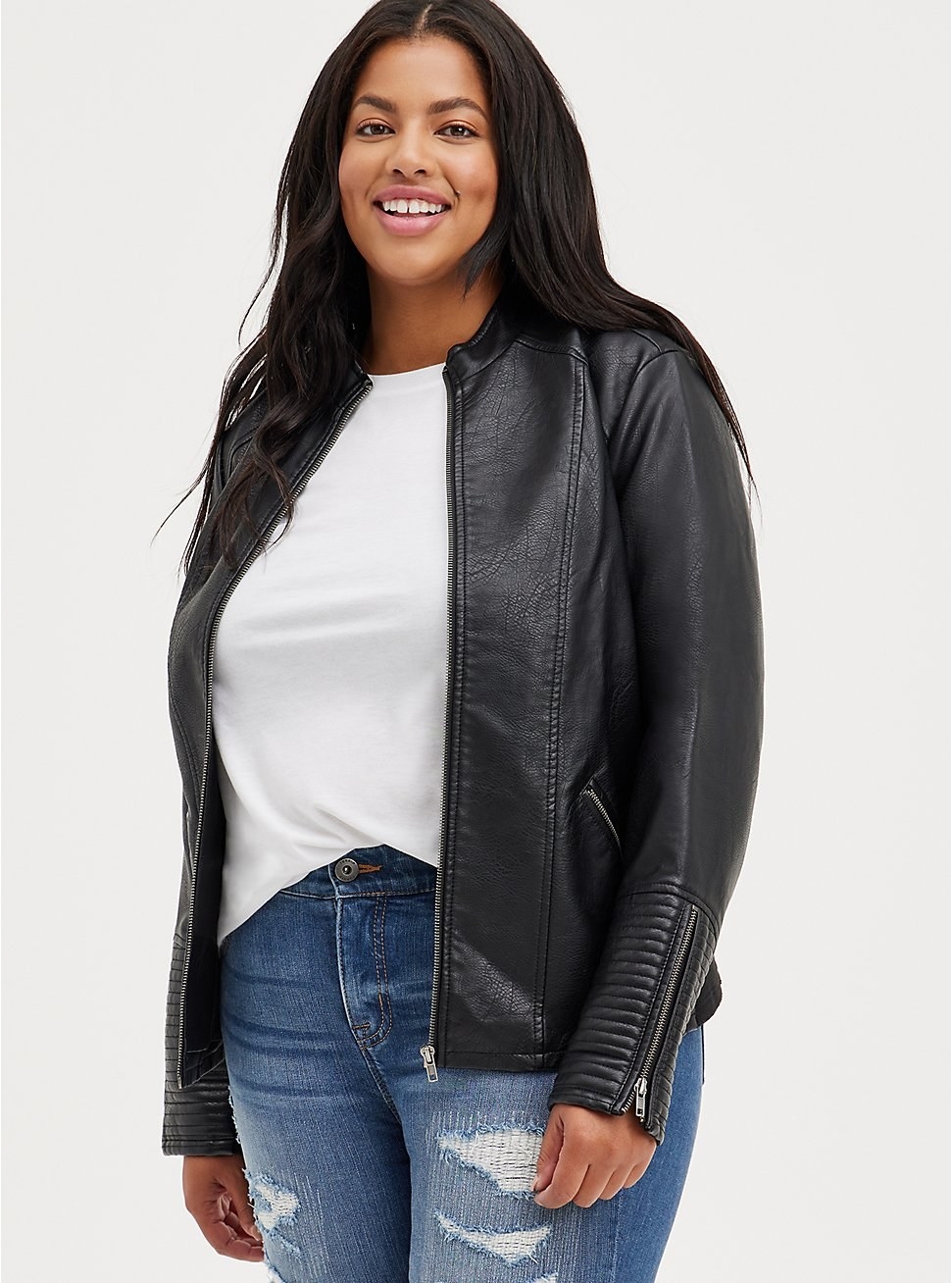 model wearing the faux leather jacket in black
