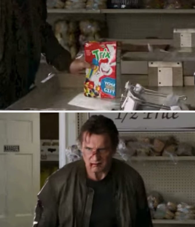 Liam Neeson slamming a box of Trix on the grocery store counter and looking menacingly at Ted with a bloody face