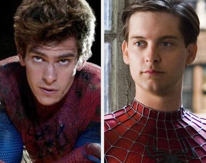 Andrew Garfield and Tobey Maguire as Spider-Man