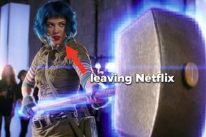 Ramona from Scott Pilgrim wielding a hammer and text that says leaving Netflix