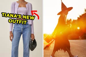 On the left, someone wearing a crop top with a matching cardigan and high-waisted jeans with an arrow pointing to the outfit and Tiana's new outfit typed on top of it, and on the right, someone wearing a witch's hat and long dress carrying a broomstick